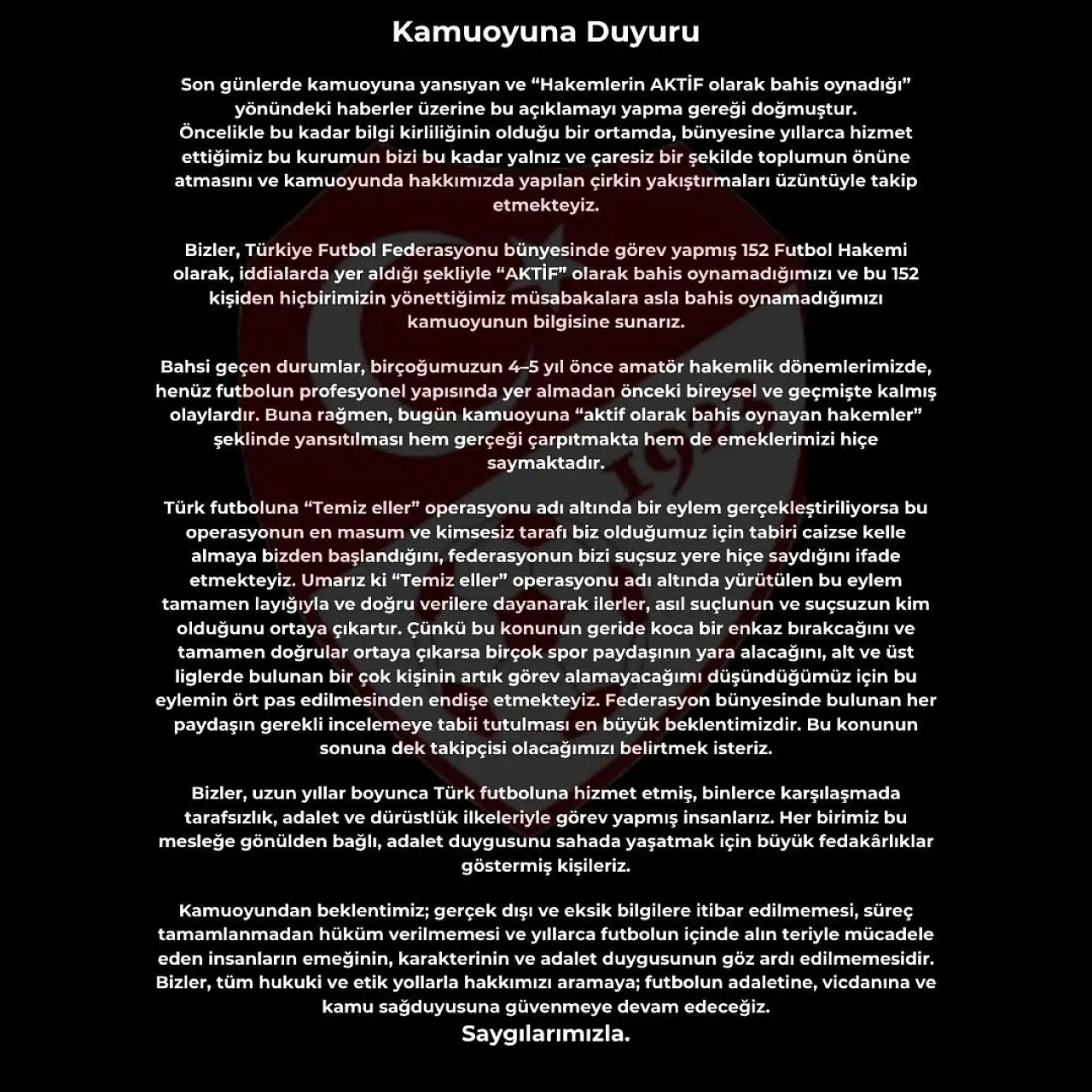 Bahis gerekçesiyle PFDK'ya sevk edilen 152 hakem ortak açıklama yaptı