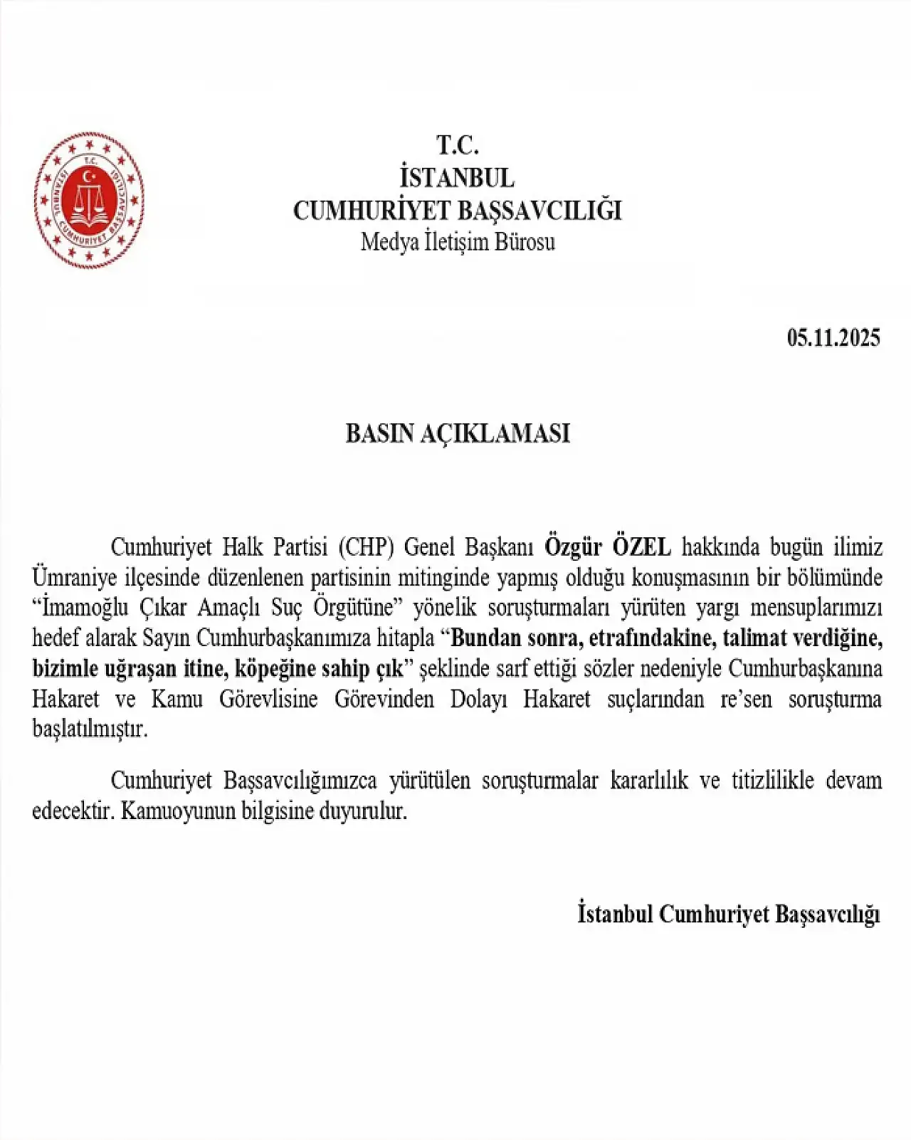 Özgür Özel hakkında soruşturma başlatıldı