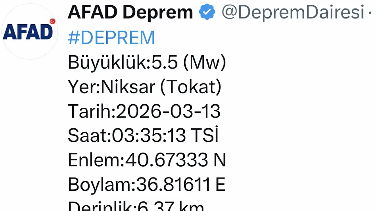 Tokat'ta 5.5 büyüklüğünde deprem