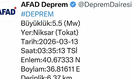 Tokat'ta 5.5 büyüklüğünde deprem
