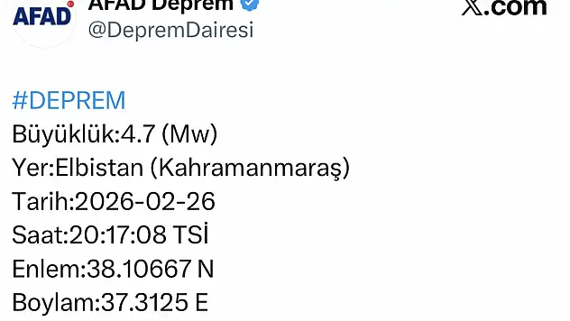 Kahramanmaraş'ta 4.7 büyüklüğünde deprem
