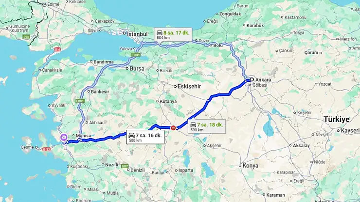 Ankara İzmir arası kaç km?