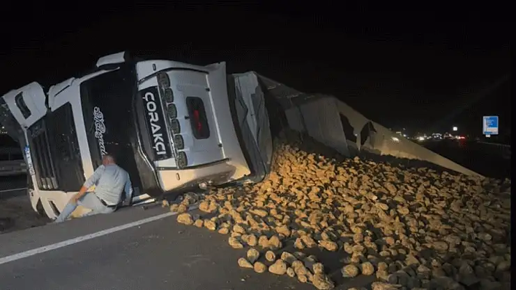 Köpeğe çarpmamak için manevra yapan tır devrildi