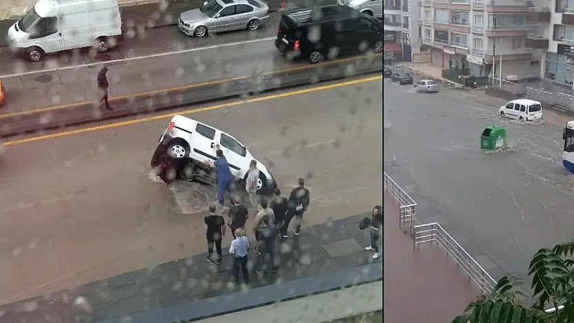 Sağanak hayatı felç etti: Yol çöktü, iş yerlerini su bastı