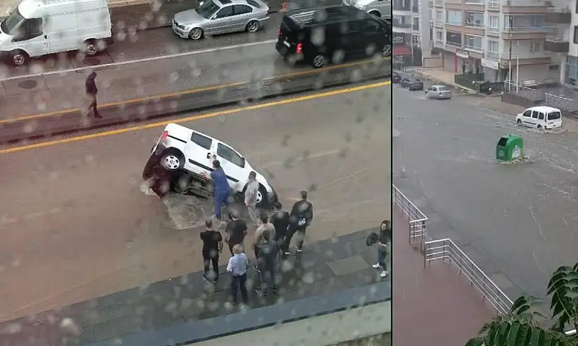 Sağanak hayatı felç etti: Yol çöktü, iş yerlerini su bastı